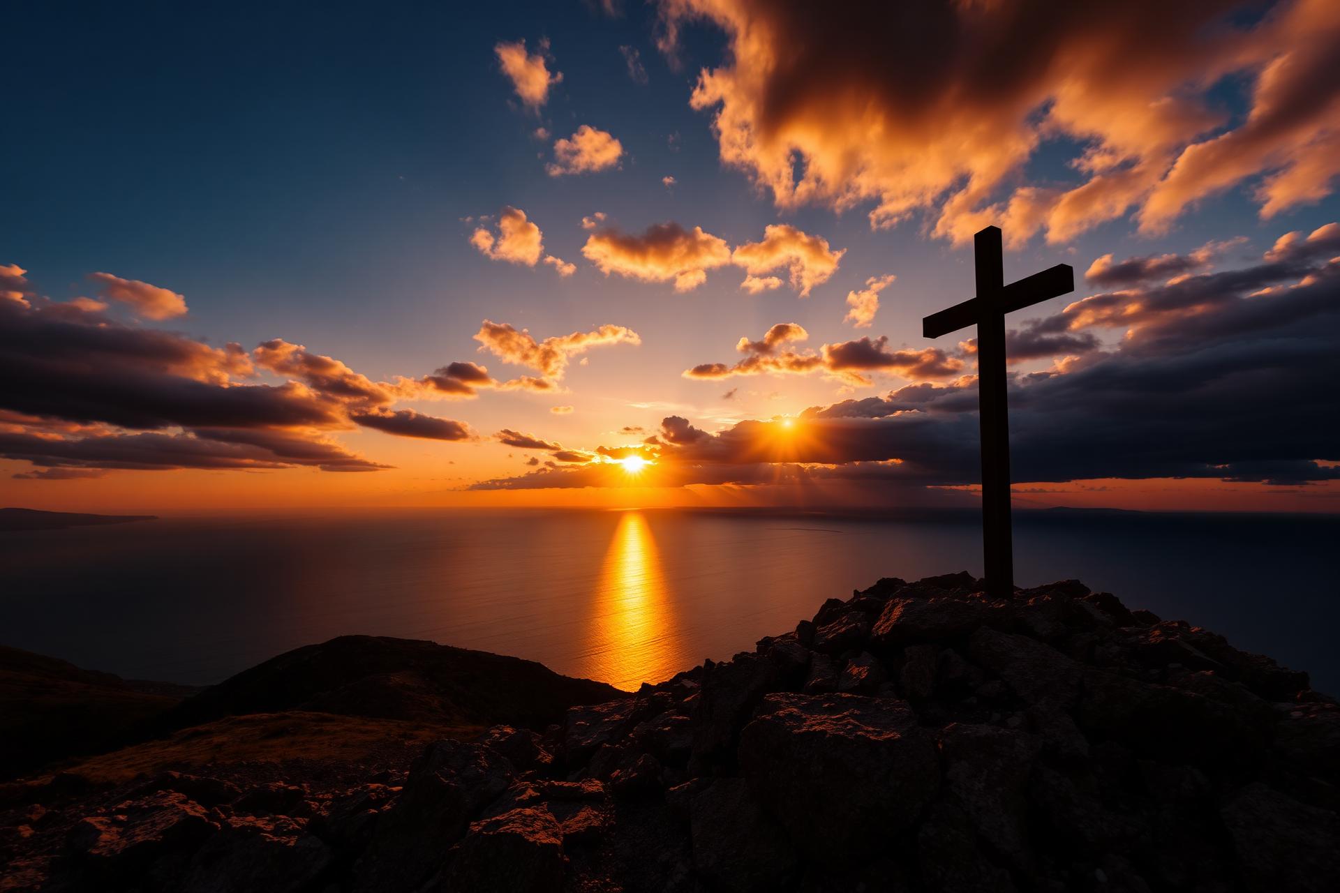 Cross on a mountain at sunset overlooking the sea